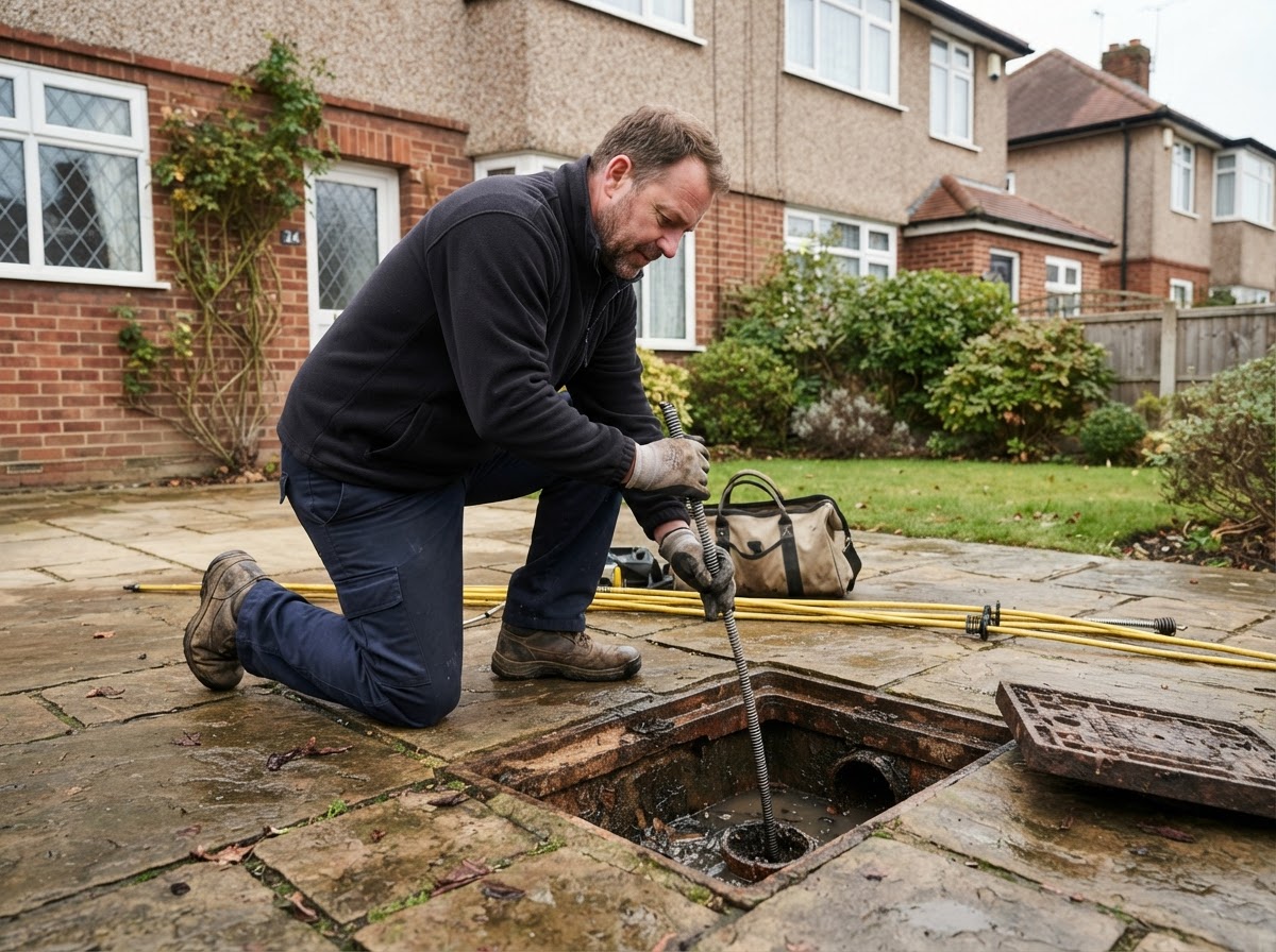 Drainage engineer clearing a blocked external drain