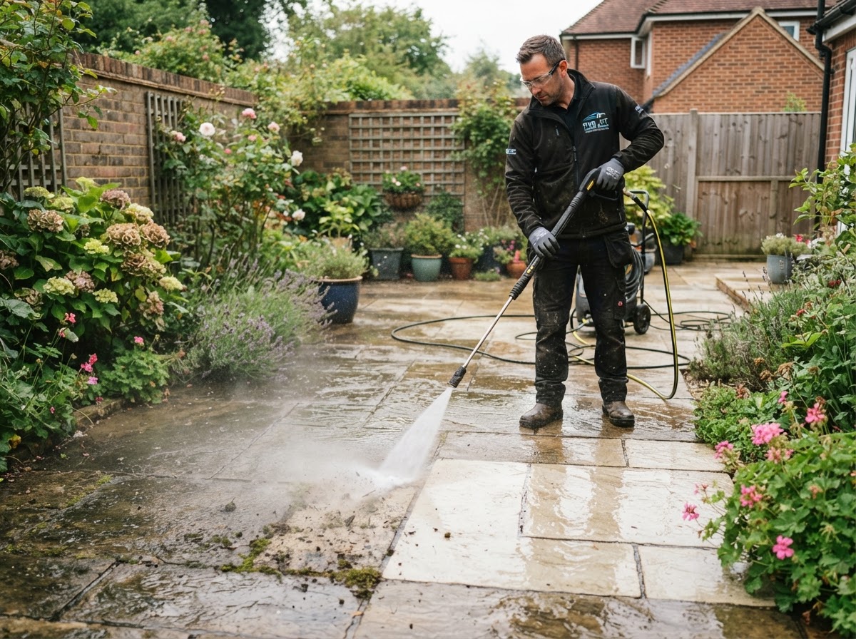 High pressure patio jet washing in progress