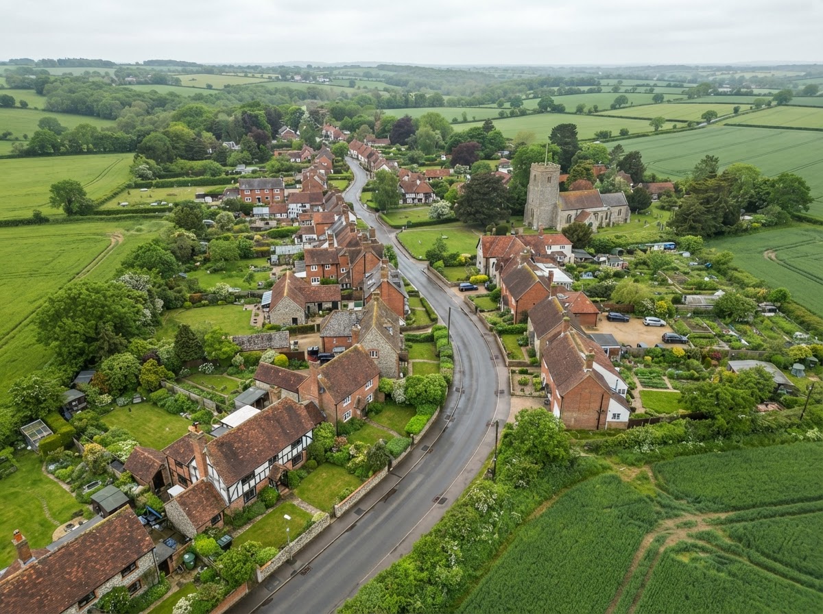 Aerial view of a residential area in Suffolk with road drainage gullies along the kerb