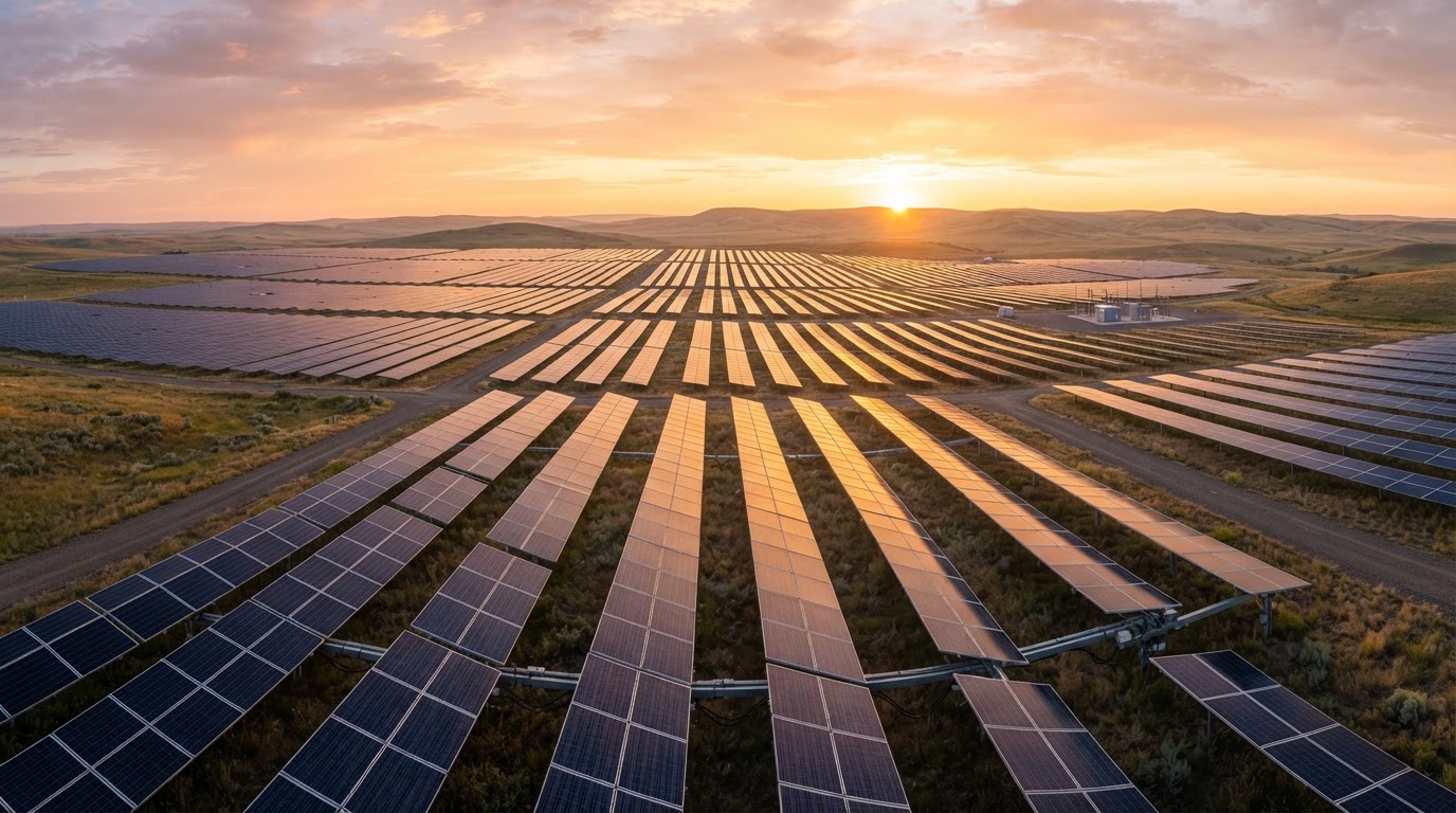 Solar panel farm at sunrise