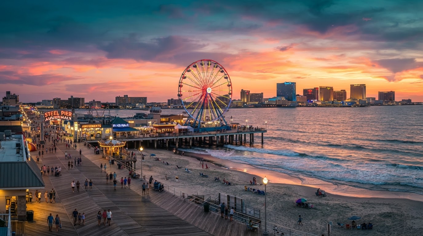 Jersey Shore oceanfront pier with boardwalk ferris wheel at golden sunset
