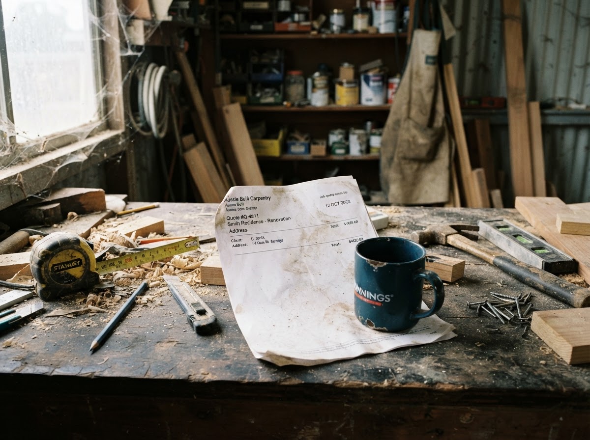 A printed quote left ignored on a dusty workbench