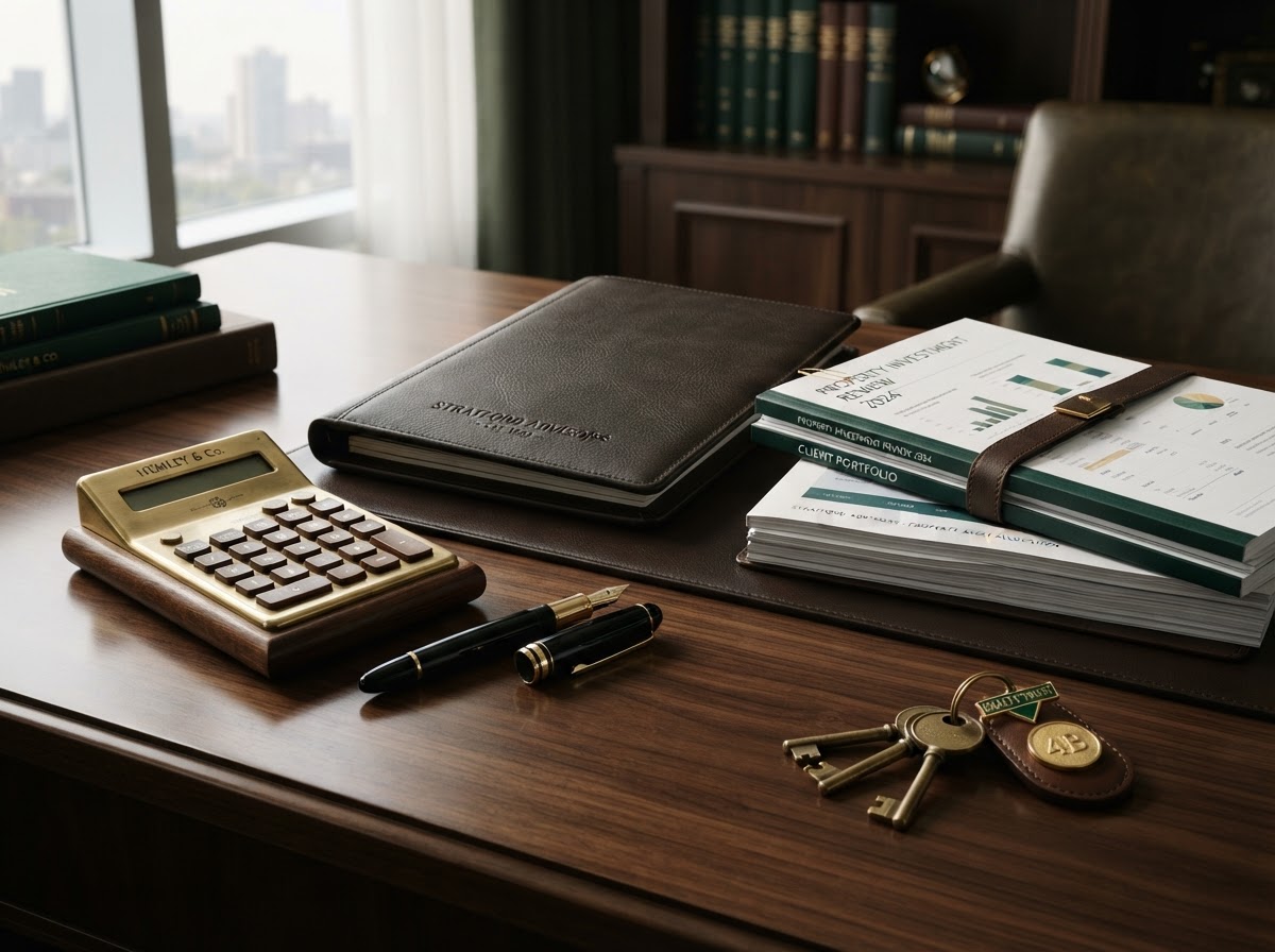 A polished desk with financial documents, a calculator and house keys