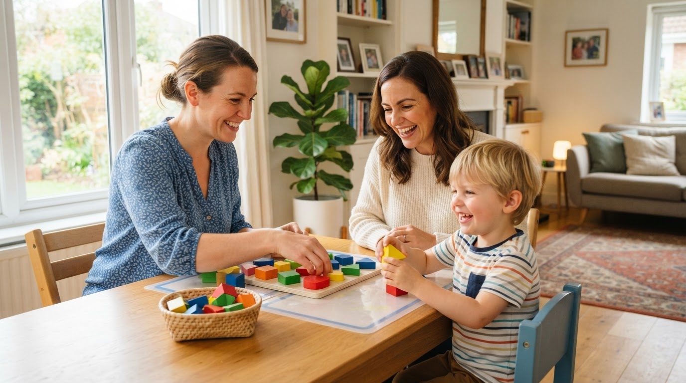 ABA therapist working 1-on-1 with a parent and child at home
