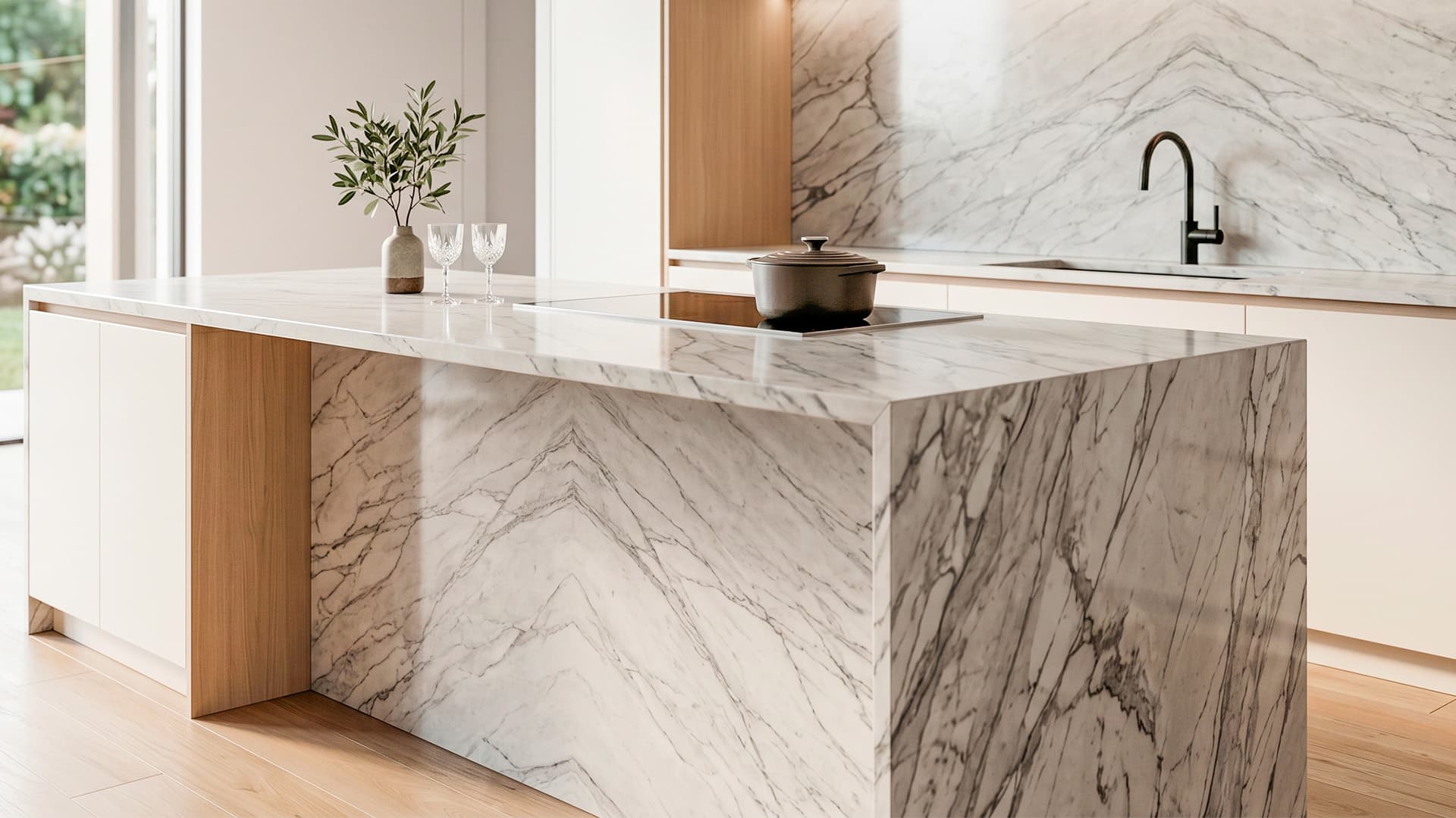 Modern kitchen with warm natural oak cabinetry and Calacatta marble-veined quartz countertop island