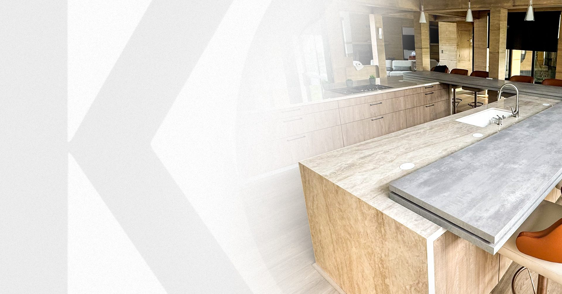 Modern kitchen with premium cabinets and quartz waterfall countertop