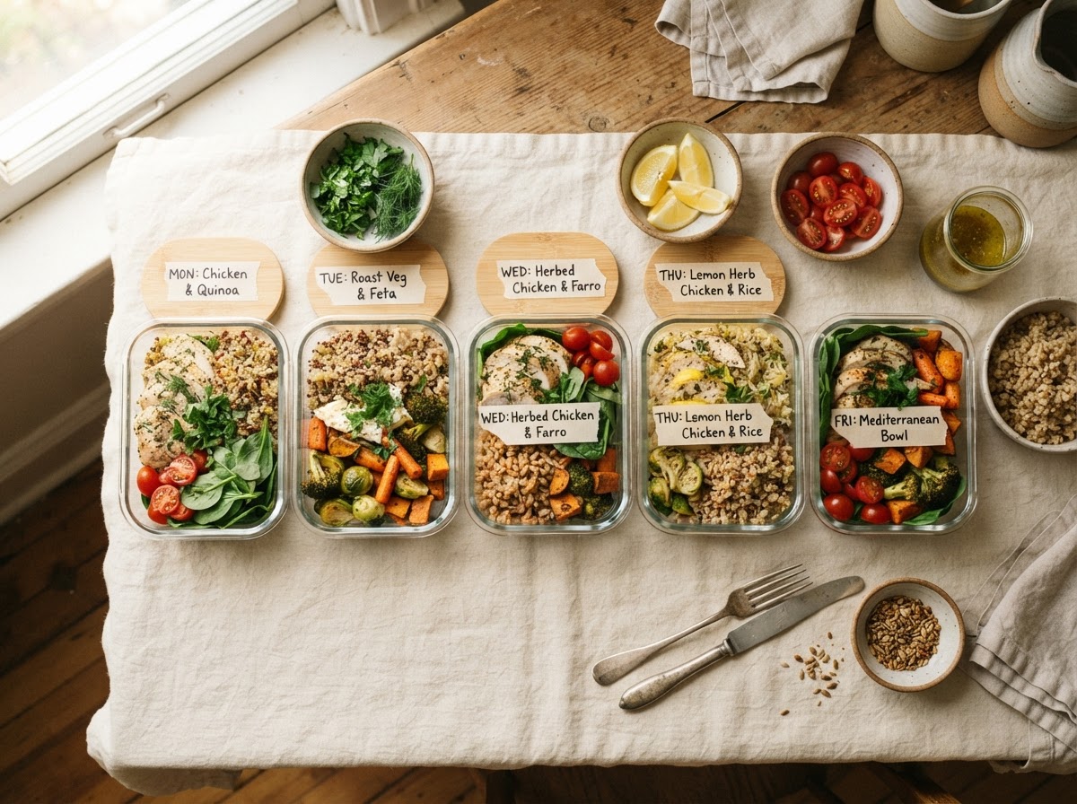 Overhead view of a weekly meal prep spread of labeled containers with roasted chicken, grains, and vegetables