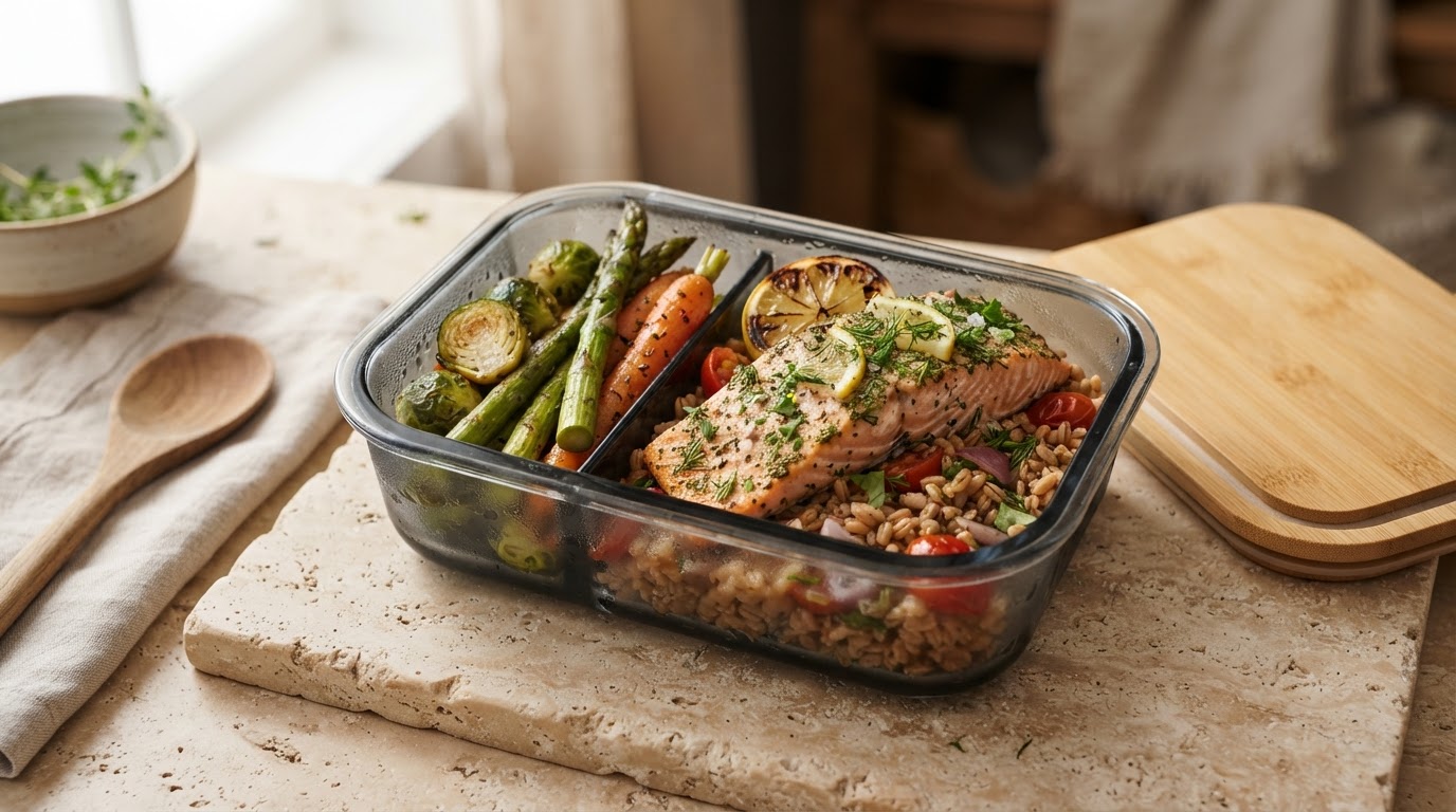 An opened meal prep container of herb-roasted salmon with farro and roasted vegetables on a warm stone surface