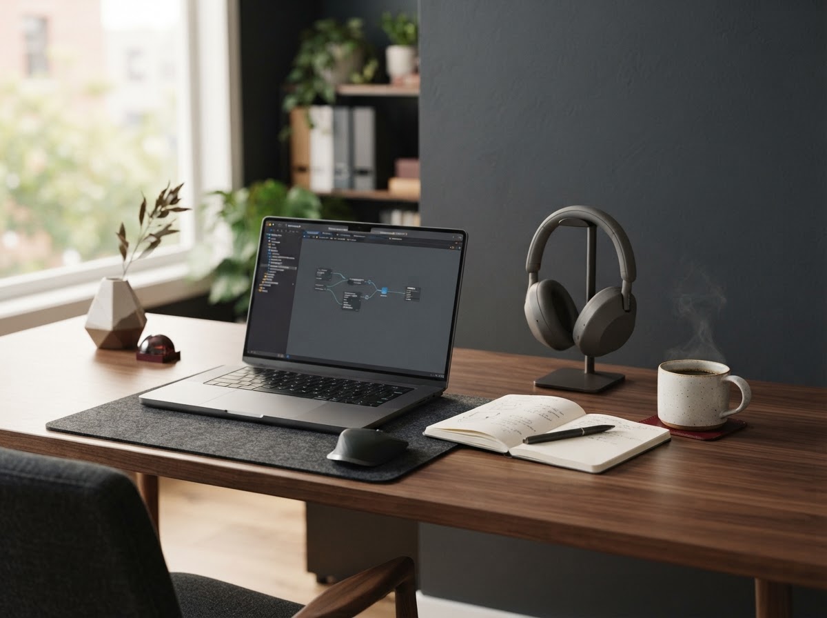 A tidy remote team workspace with a laptop, notebook and headset