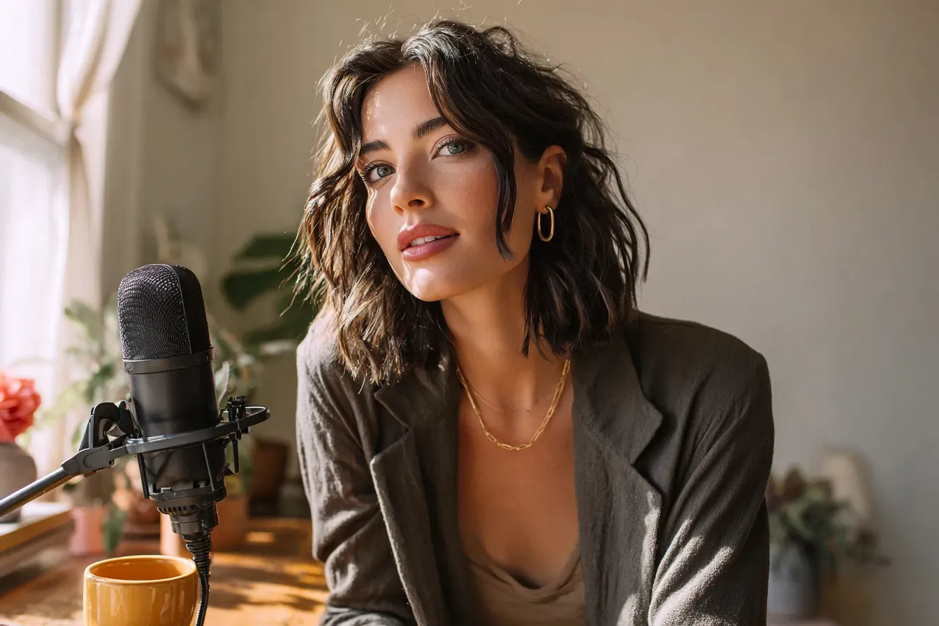 AI-generated influencer recording a podcast