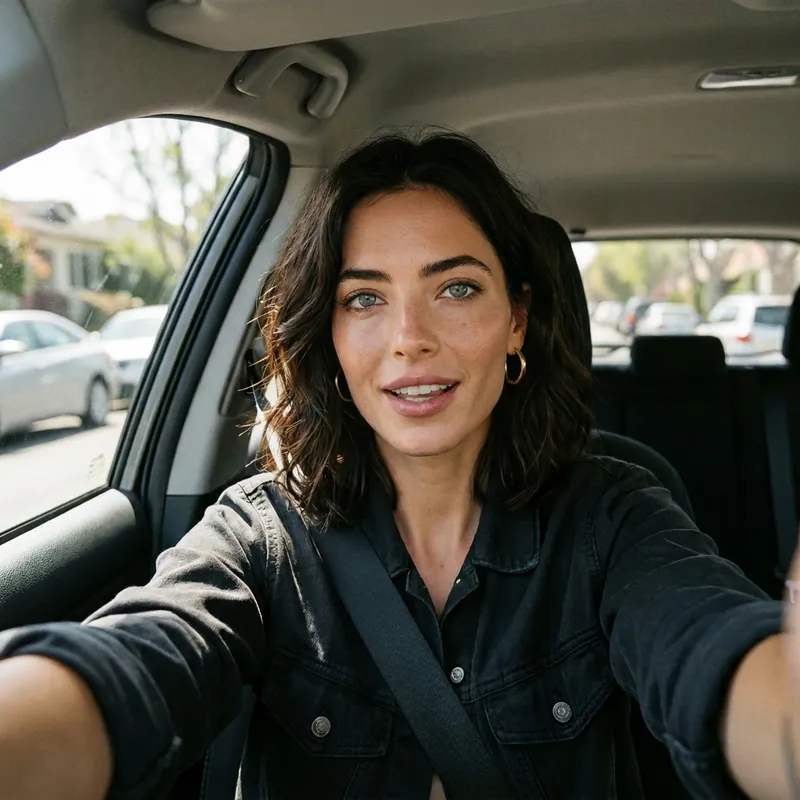 Same AI influencer in a car