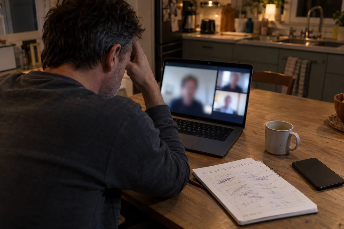 Man on a client video call late at night