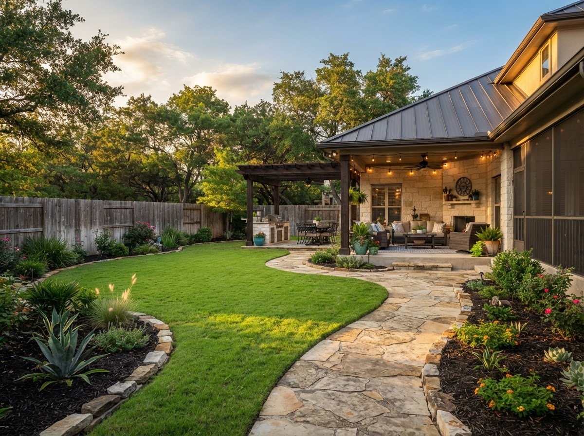 Beautifully landscaped Austin backyard with manicured lawn