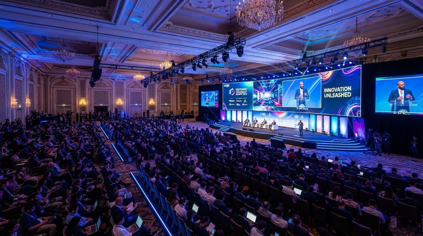 Gala ballroom stage with dramatic lighting, LED backdrops, and live auction setup