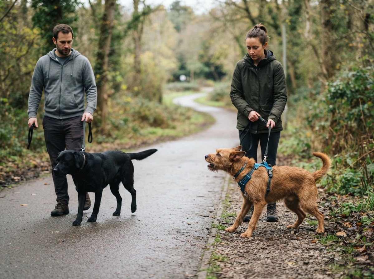 Ein Hund steht mit seinem Menschen am Wegrand – der Mensch hinter dem Hund, an der Leine im Geschirr – und bellt einen vorbeilaufenden anderen Hund an, der gerade auf seiner Höhe vorbeiläuft; dabei schaut er beim Bellen genau in dessen Richtung