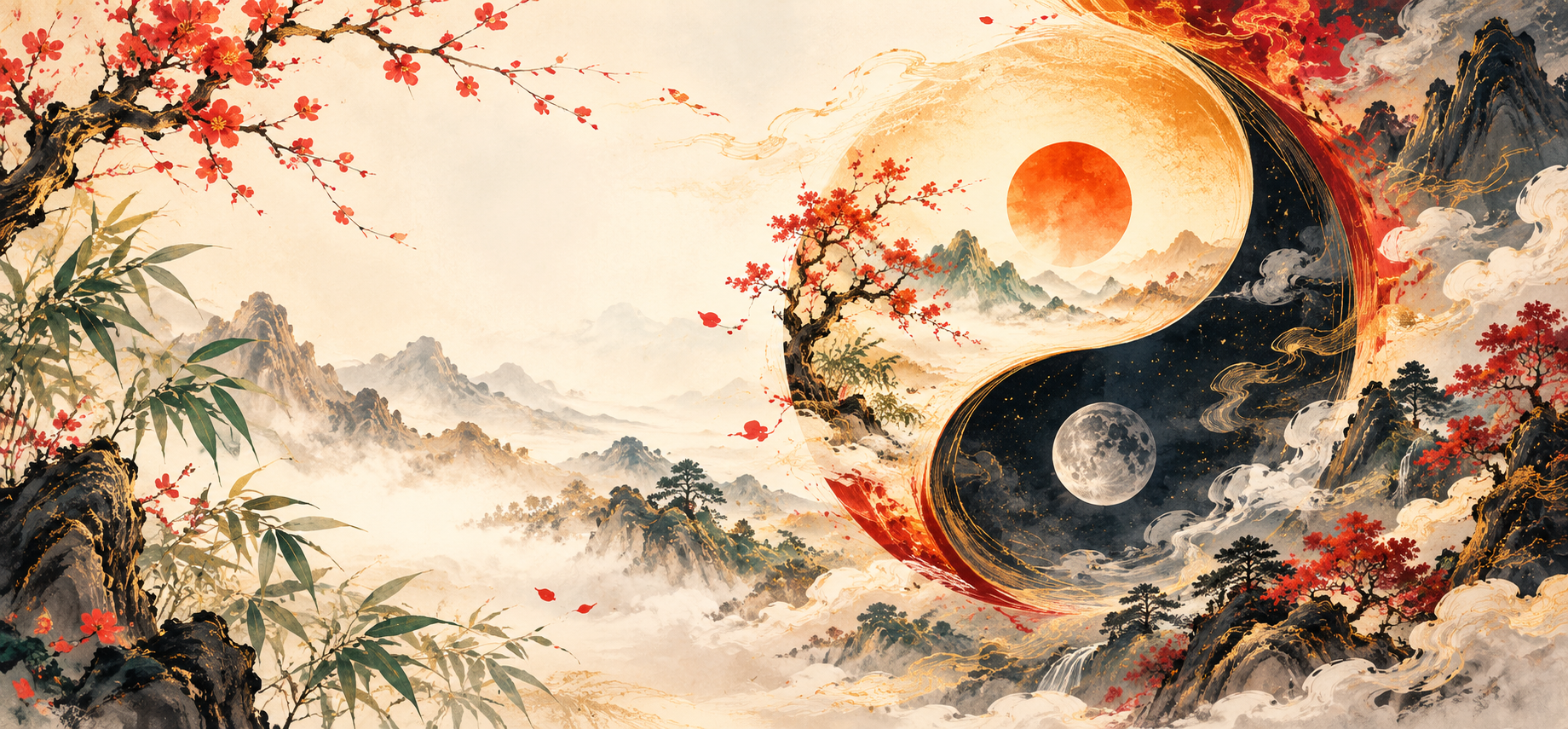 Fire Horse Wisdom traditional landscape with Yin Yang celestial balance