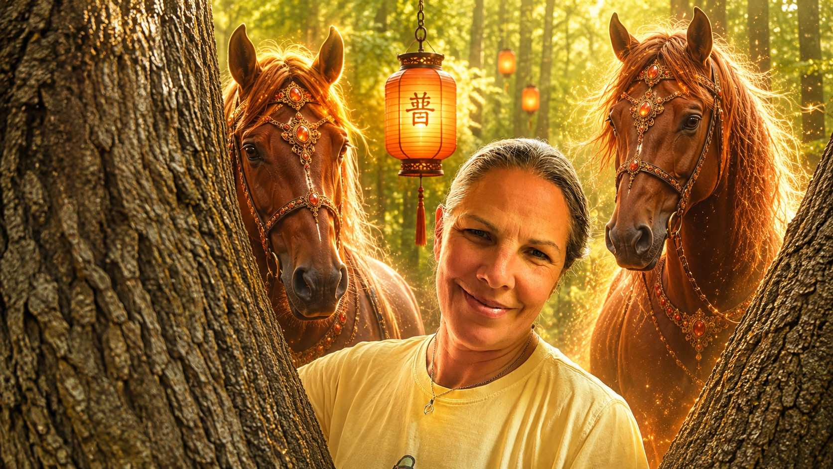 Lydia Griffith with Fire Horses and ancient Chinese lantern in sacred woodland