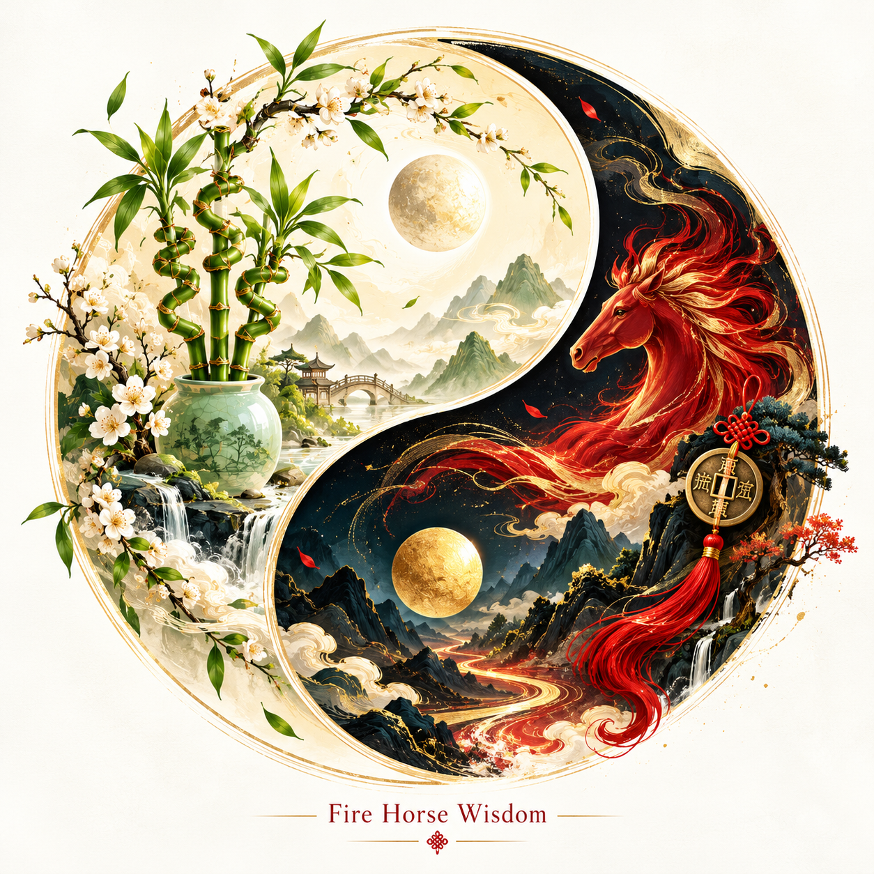 Set the Yin Yang in motion Fire Horse Wisdom - Yin Yang Sacred Balance with Lucky Bamboo and Fire Horse