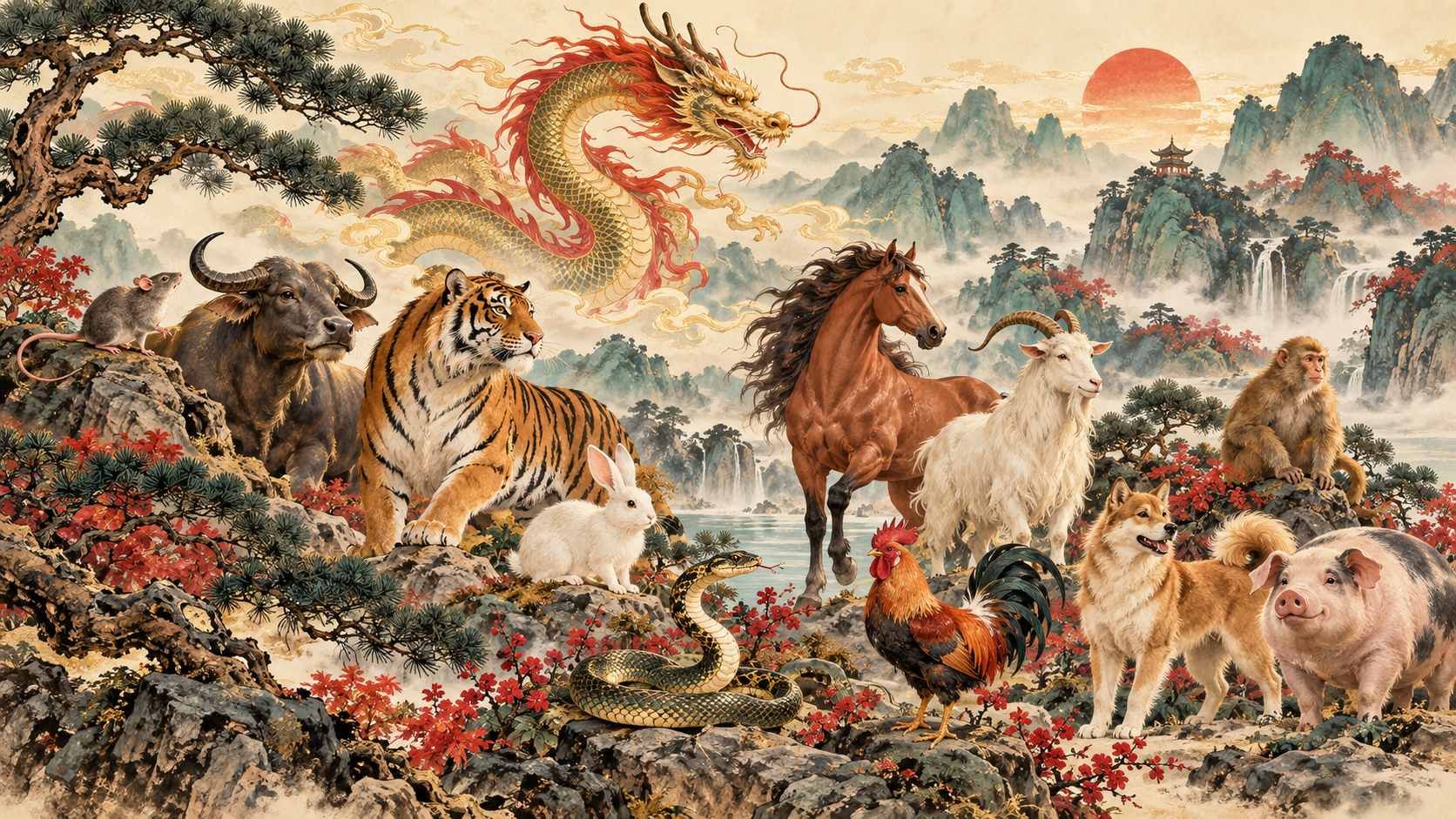 The 12 Chinese Zodiac Animals across Spring, Summer, Autumn, and Winter with traditional elemental alignments