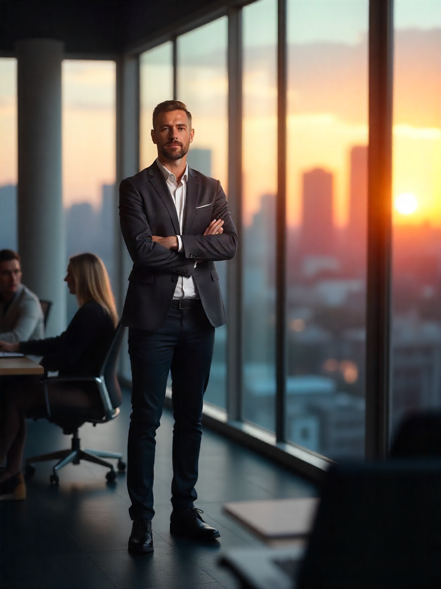 Gerente comercial dirigiendo una operación de ventas en oficina ejecutiva
