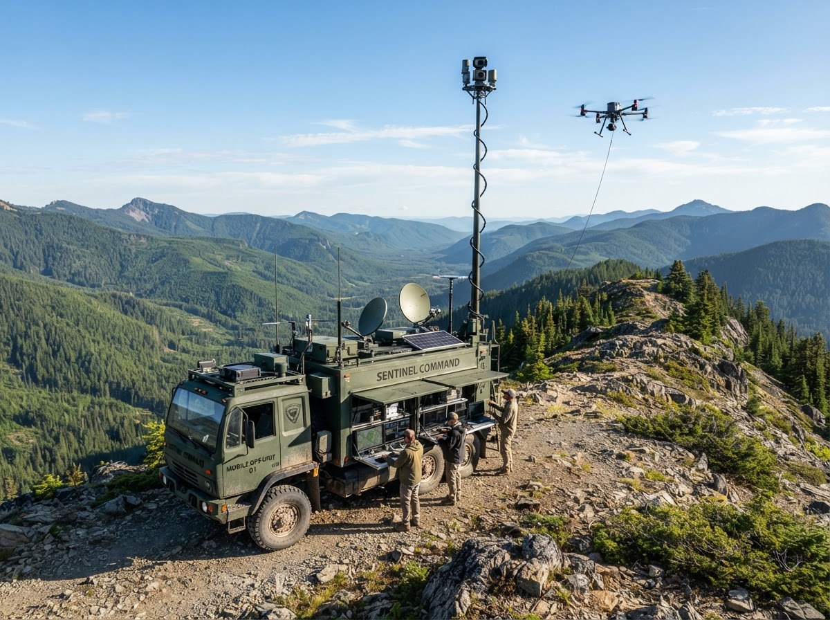 FireDroneX Mobile Command Unit with elevated hydraulic observation mast on a ridgeline at night