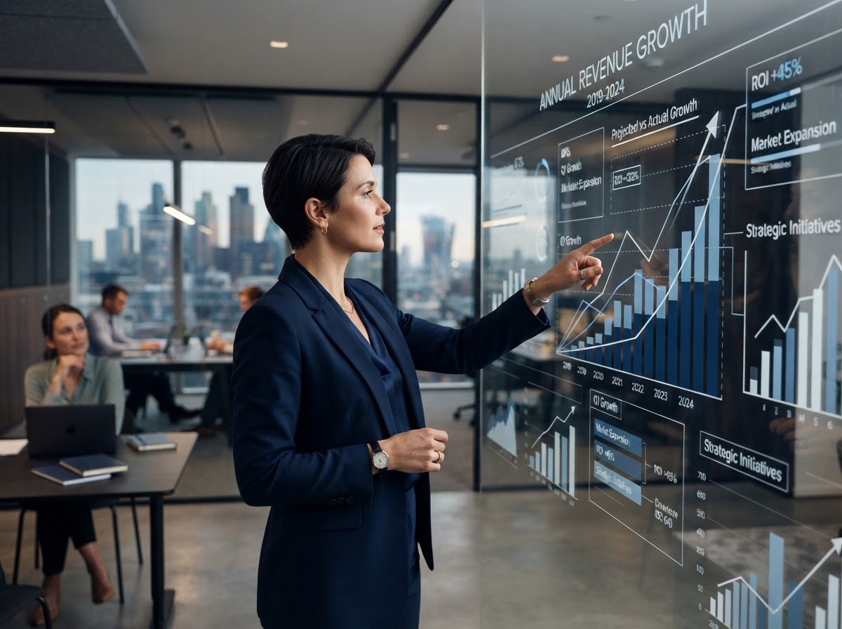 Strategist reviewing a growth chart on a glass wall