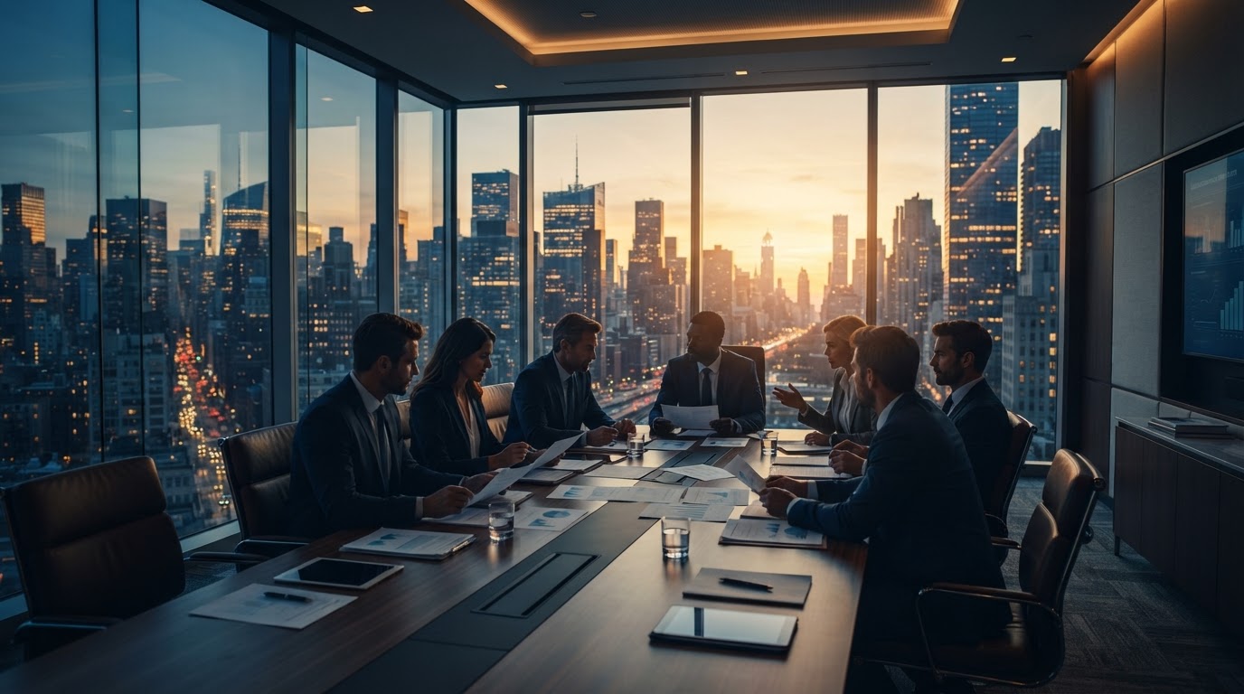 Executives collaborating in a modern boardroom overlooking the city