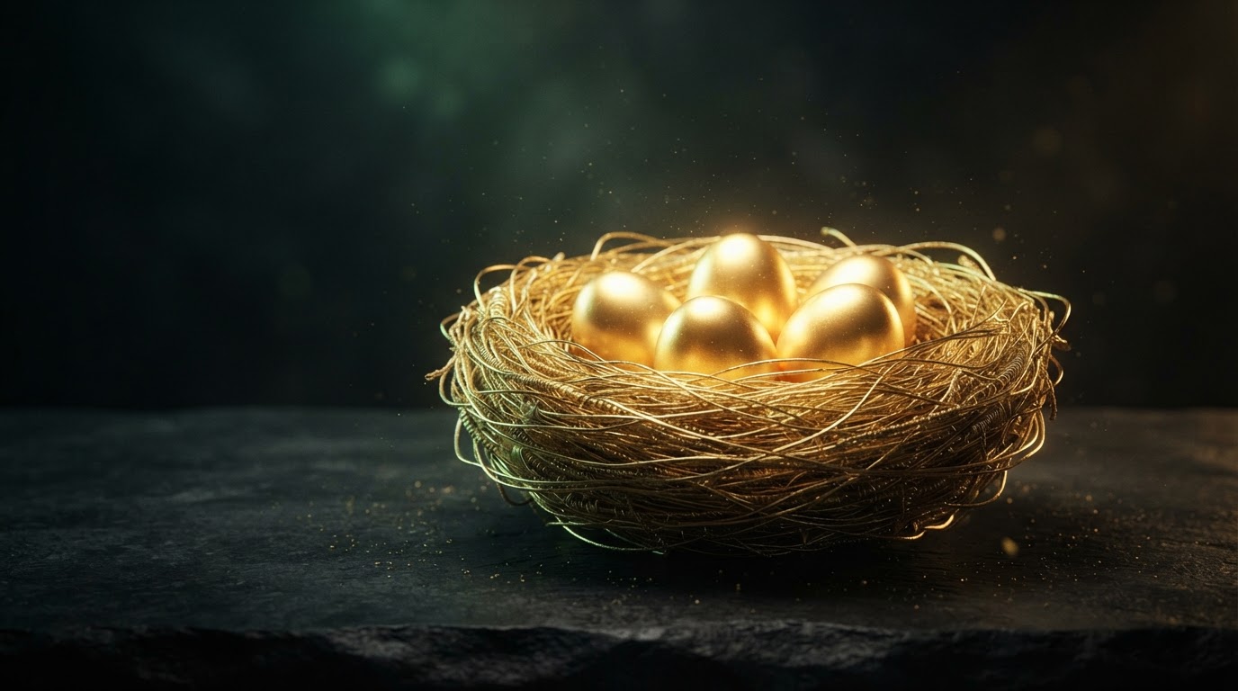 A golden nest cradling glowing eggs — wealth built and protected