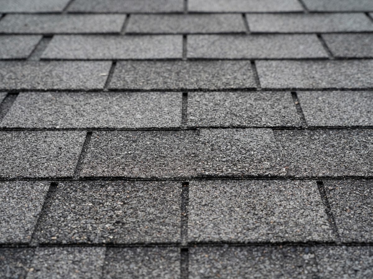 Standard 3-tab charcoal asphalt shingle roof close-up