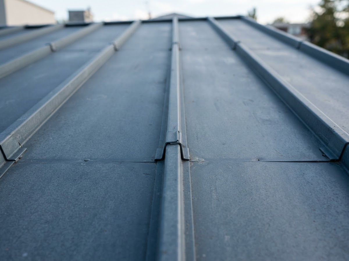 Standing seam slate blue metal roof close-up