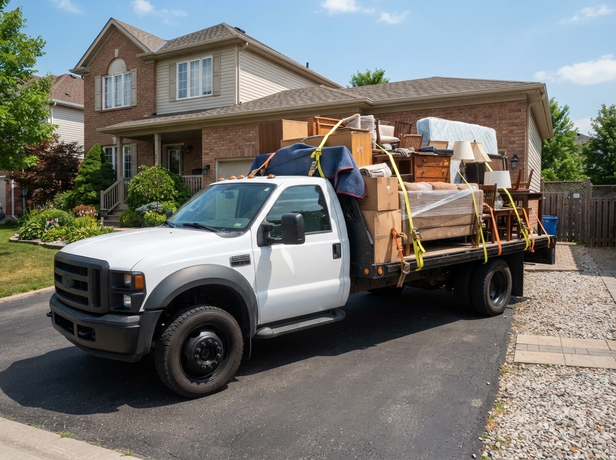 Flatbed truck loaded with strapped-down furniture, unmarked