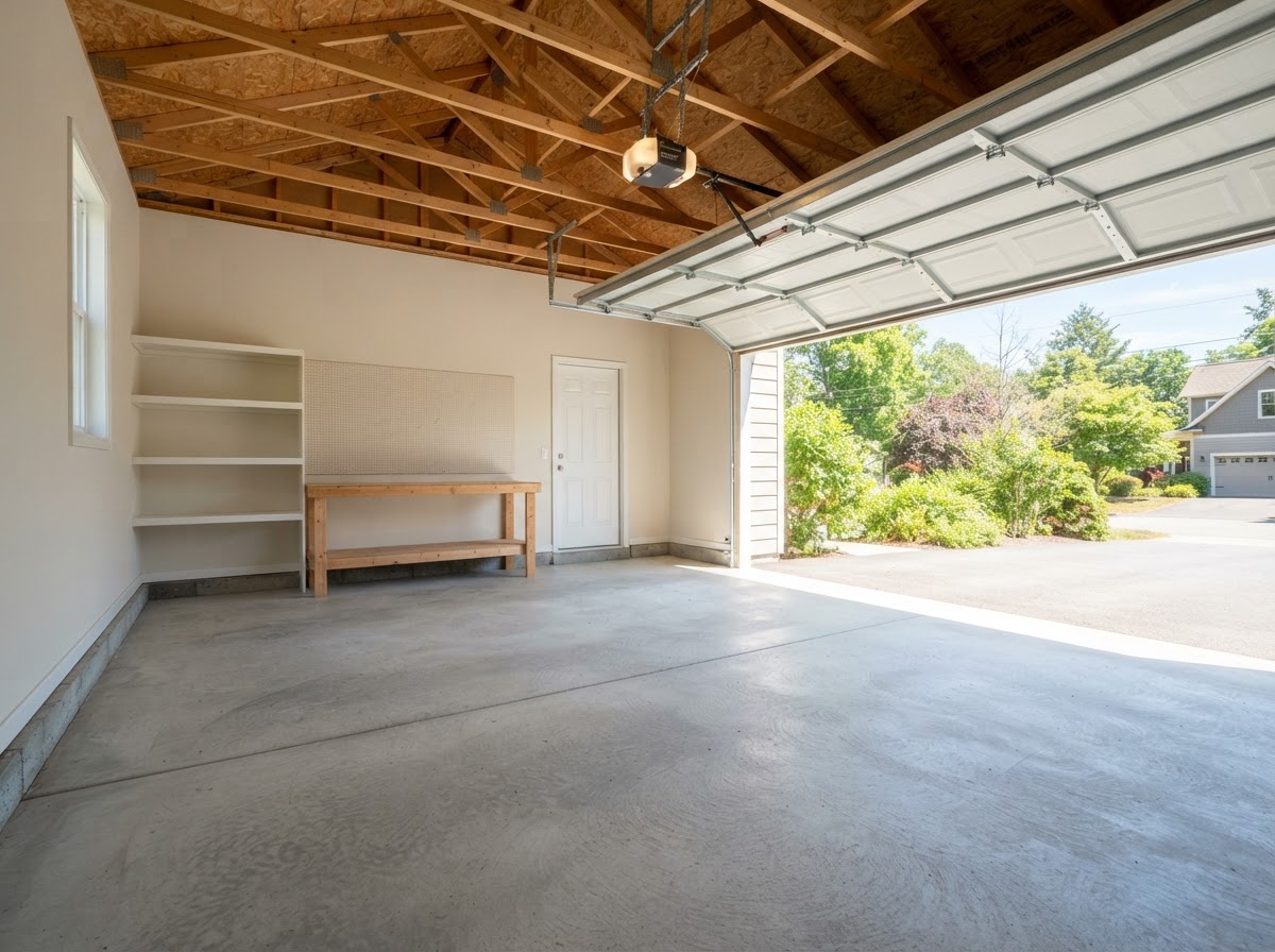 Freshly cleared garage with a swept concrete floor