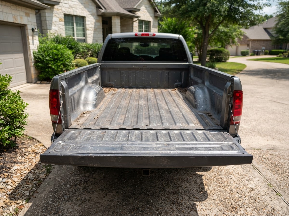 Empty open truck bed in a driveway after unloading