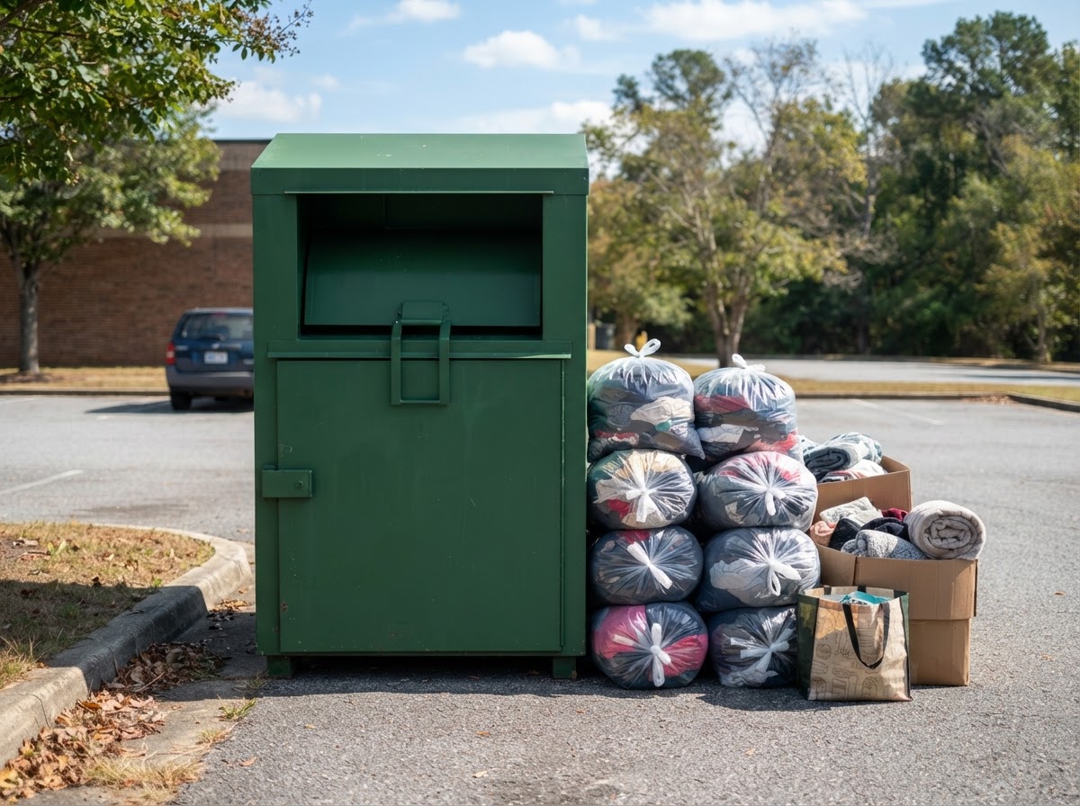 Donation items beside an unmarked donation bin