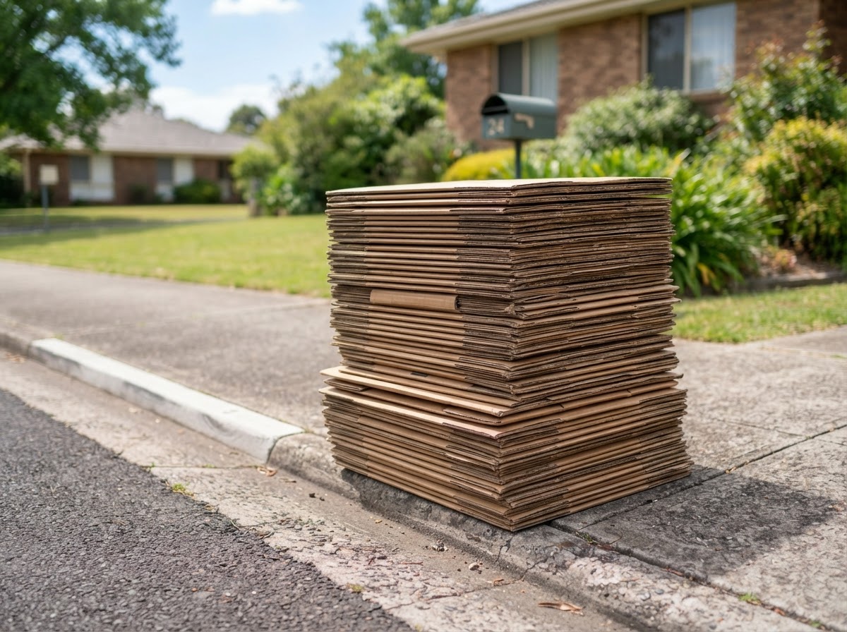 Flattened cardboard stacked for recycling at a curb