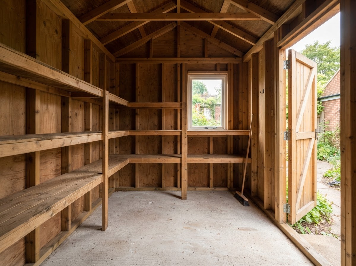 Emptied, clean storage shed interior