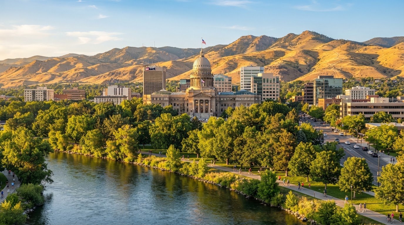 Downtown Boise Idaho skyline with Idaho State Capitol and scenic mountain foothills