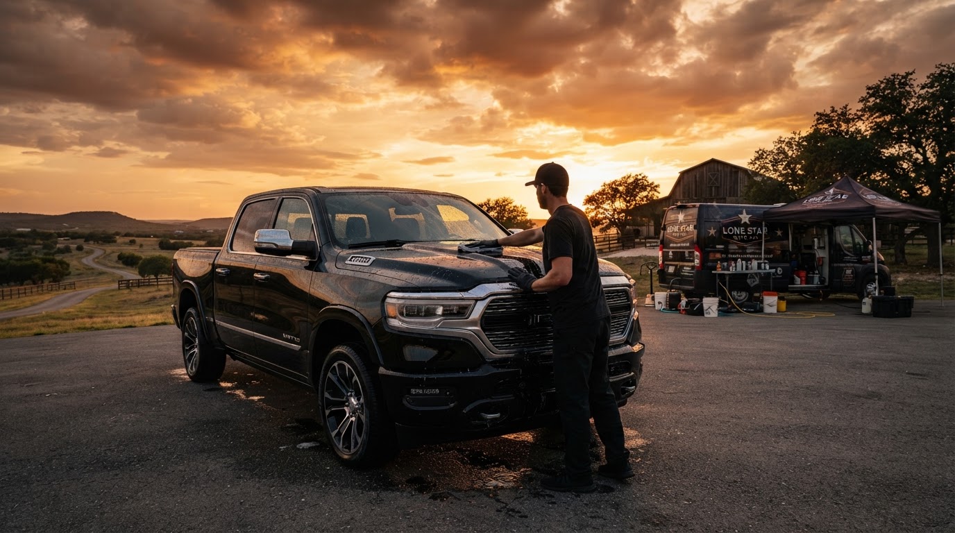 Glossy black pickup truck being detailed at golden hour in Texas