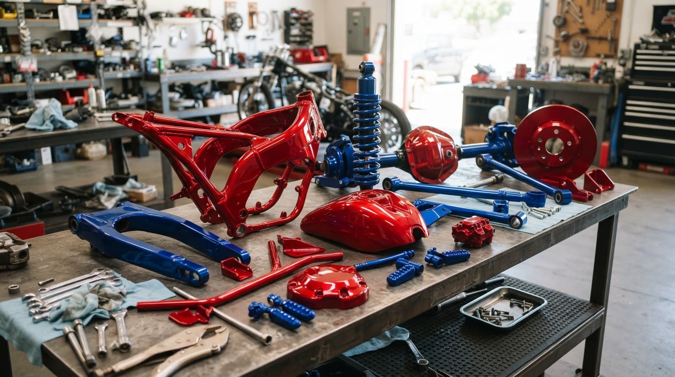 Colorful powder-coated motorcycle and truck parts in red and blue glossy finishes on a workbench