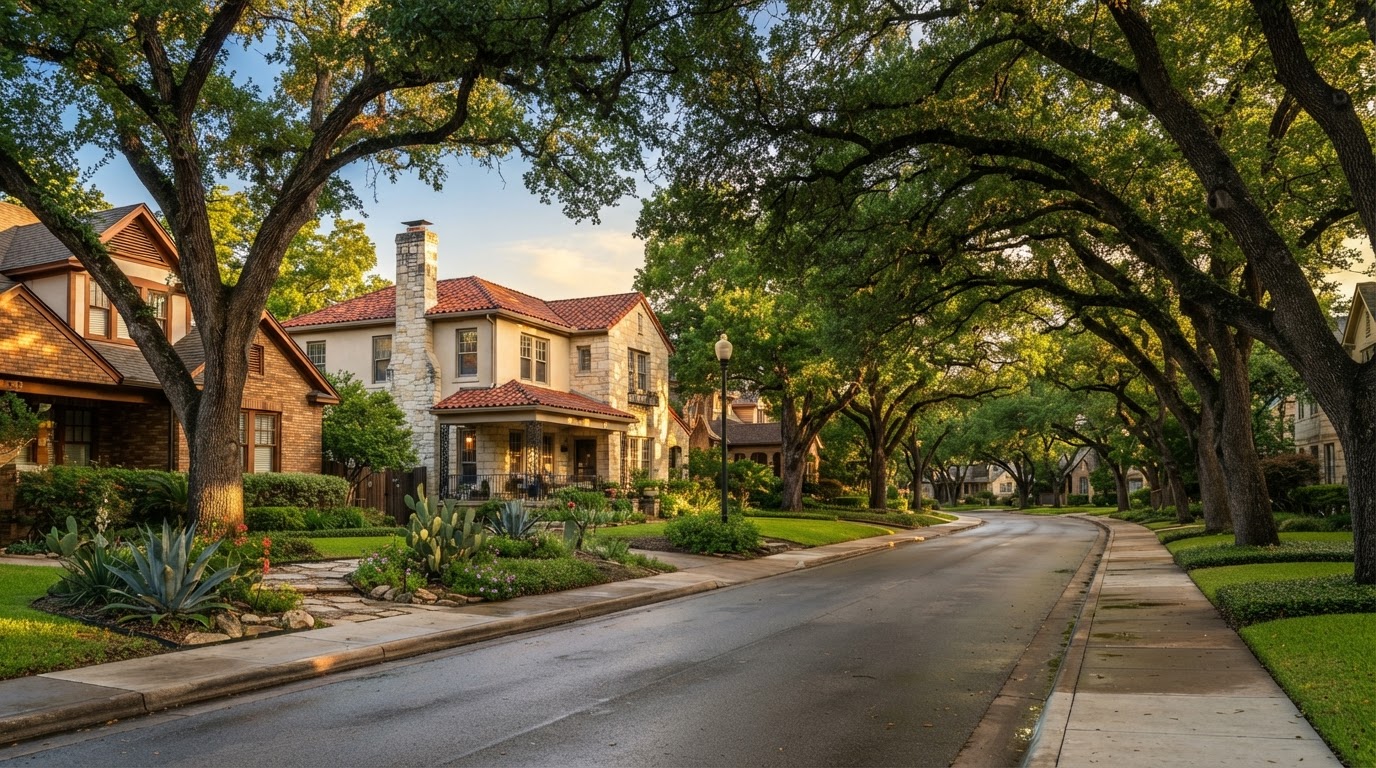 A quiet San Antonio neighborhood street with mature trees and limestone homes