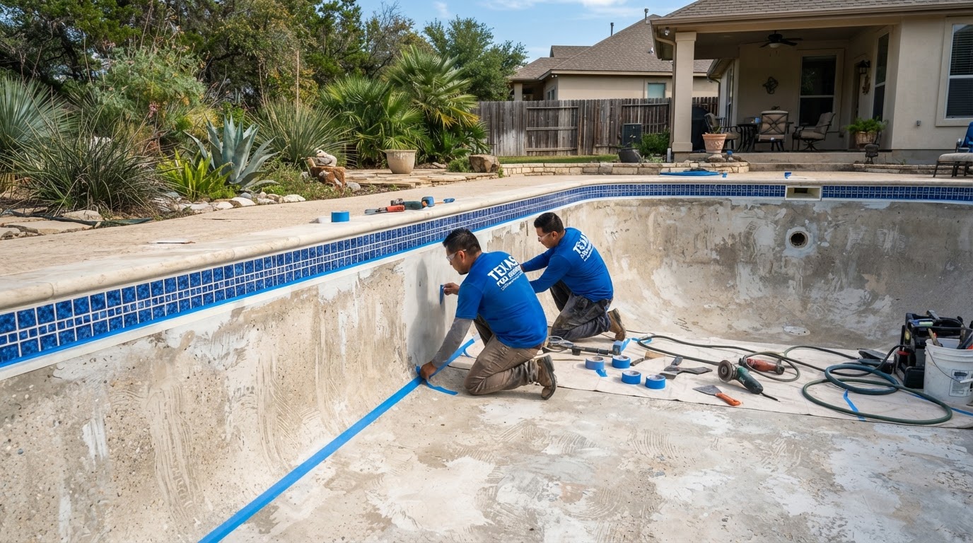 A drained swimming pool with clean tile line being prepped for resurfacing