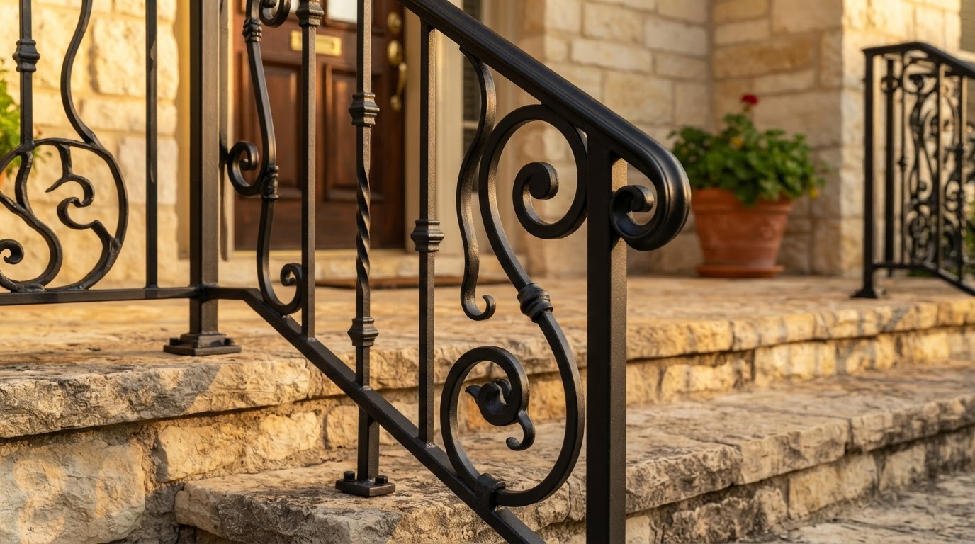 A close-up of a wrought iron railing on a limestone porch with a fresh powder-coated finish