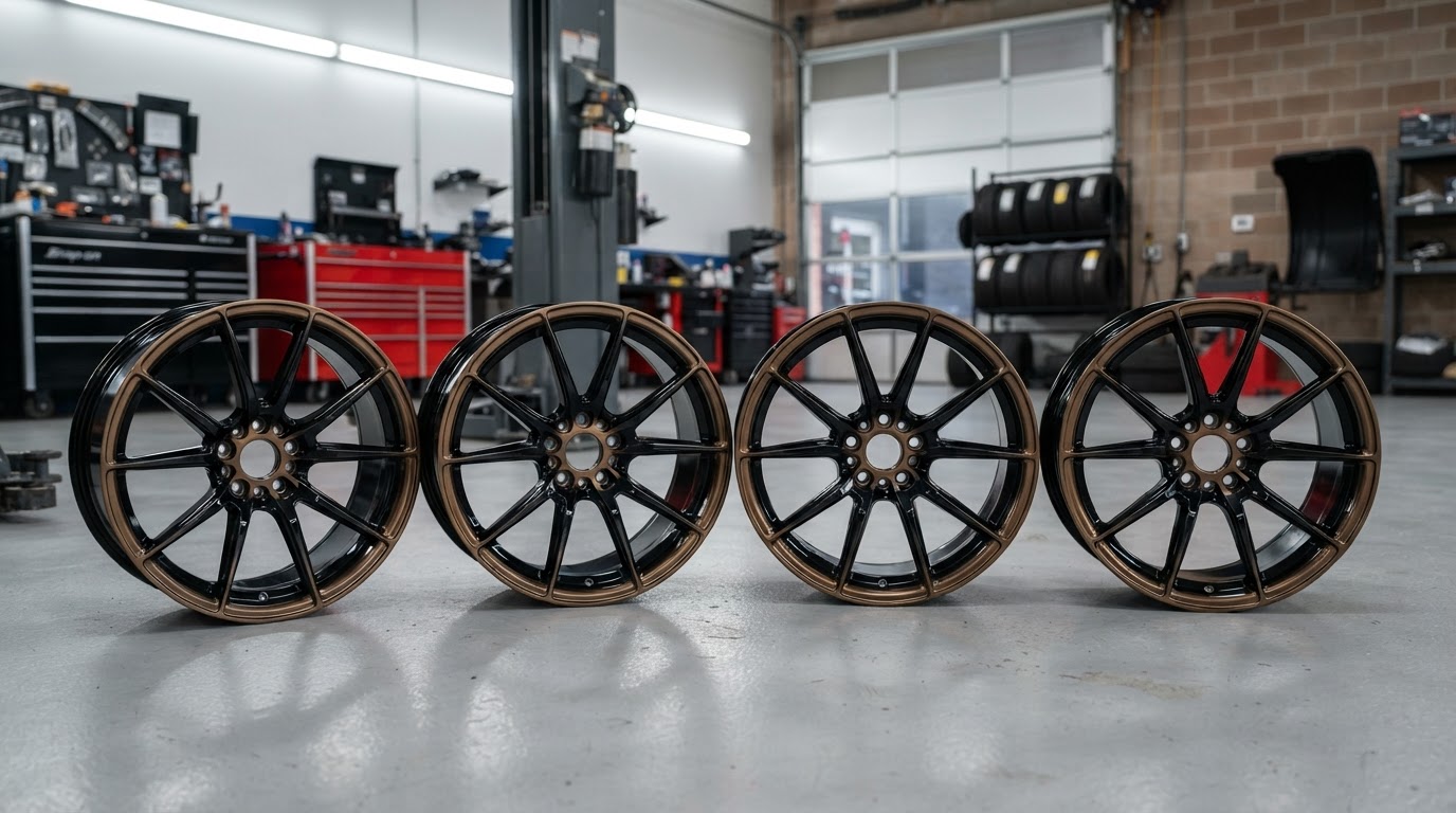 A set of four freshly powder-coated car wheels in gloss black and bronze finish on a shop floor