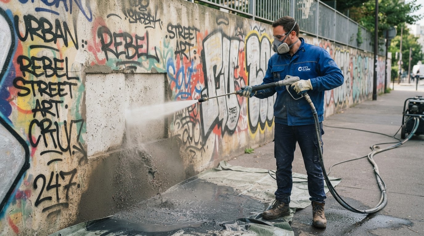 Graffiti being removed from a plain concrete wall using wet abrasive blasting