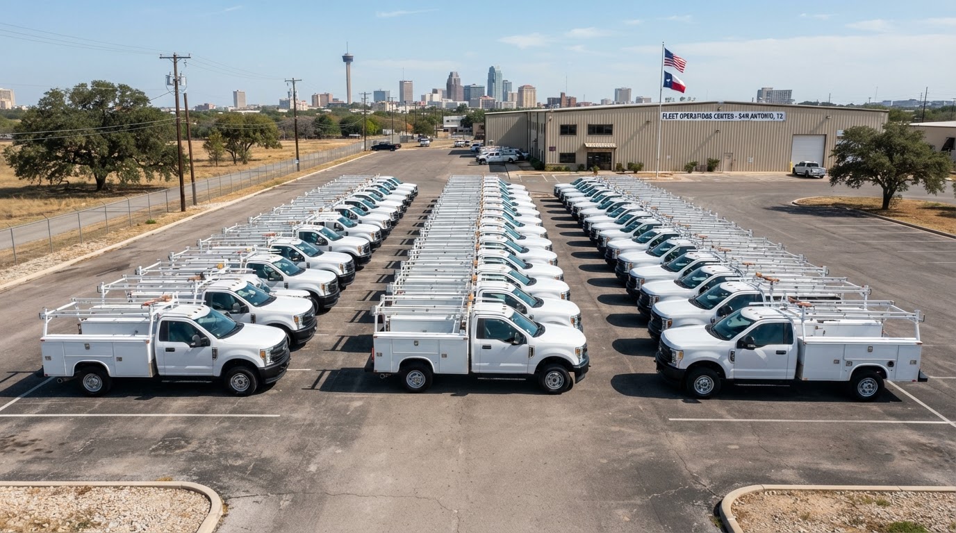 A fleet of white work trucks lined up in a commercial lot in San Antonio