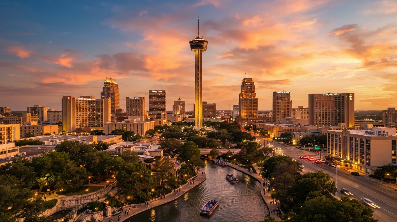 The San Antonio skyline at golden hour with the Tower of the Americas