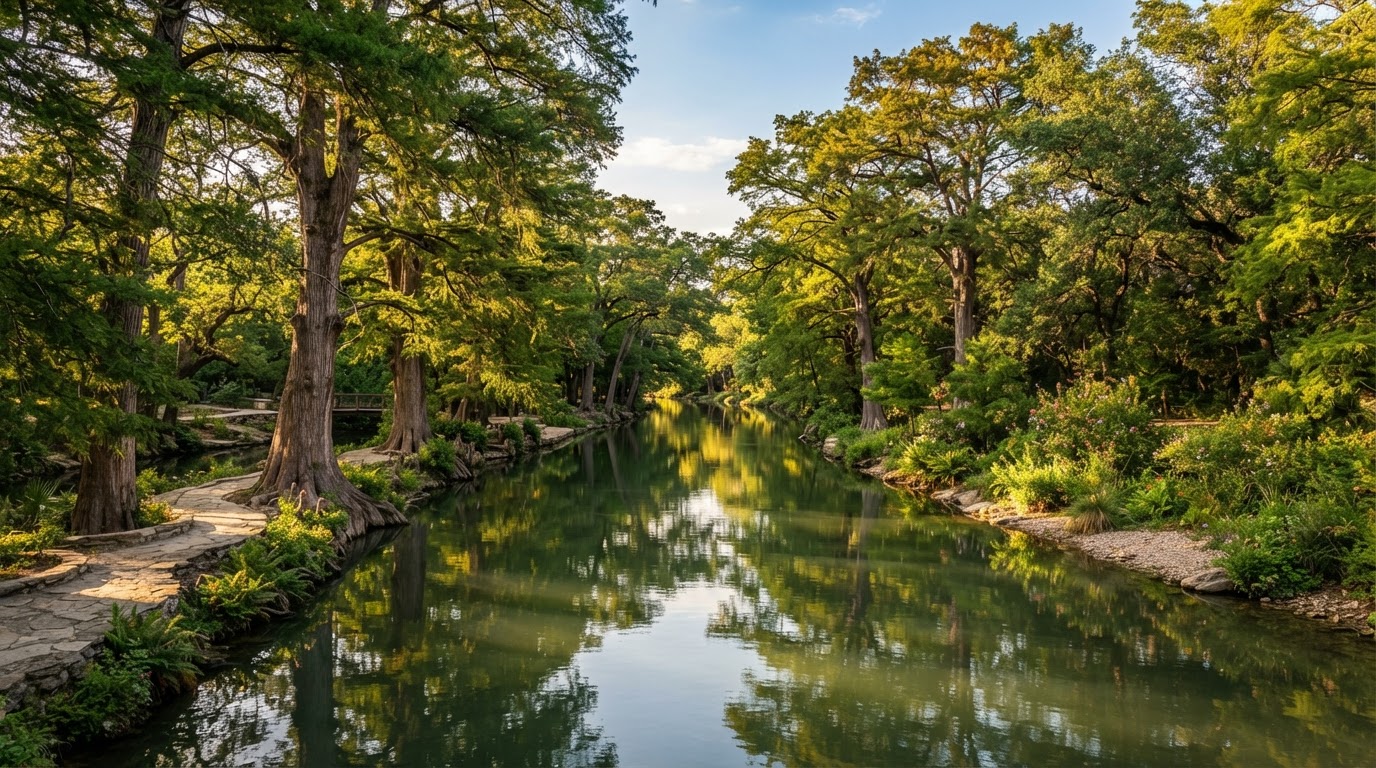 The San Antonio River lined with tall cypress trees and calm reflective water