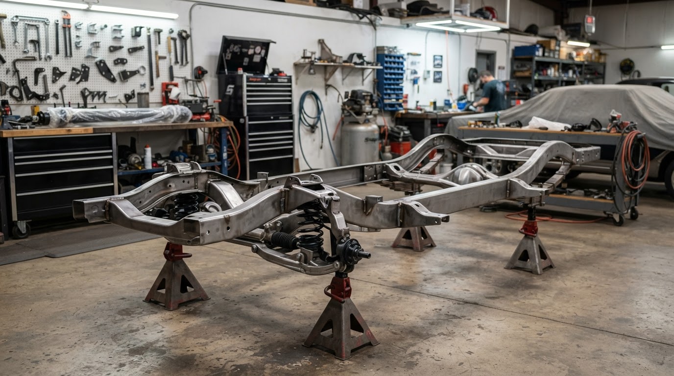 A stripped truck frame on stands with bare clean metal ready for powder coating