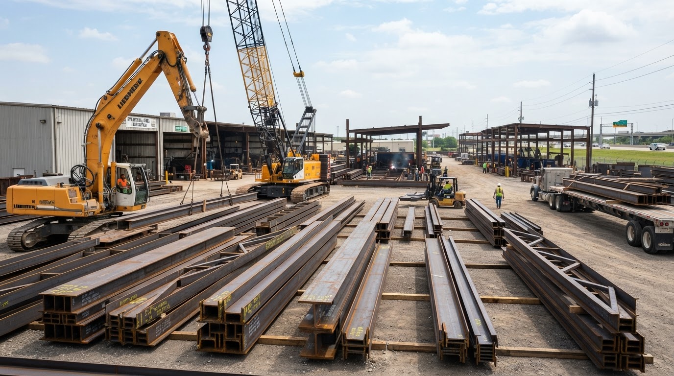 Structural steel beams and fabricated metal in a yard ready for powder coating
