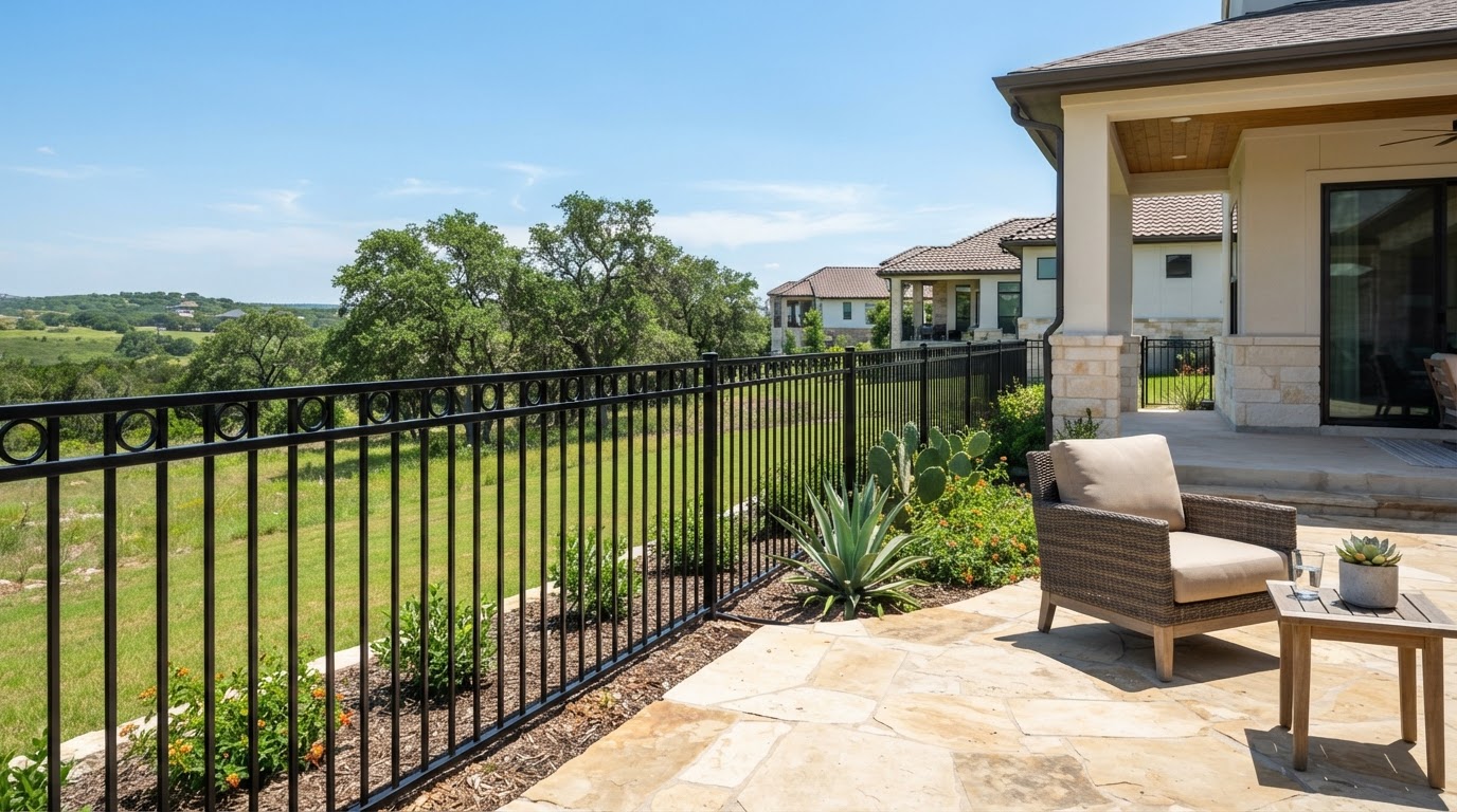 A modern wrought iron fence panel with fresh black powder coating in a new San Antonio backyard